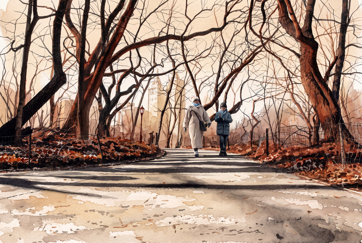 Central Park winter walk watercolour by Daz James Photography