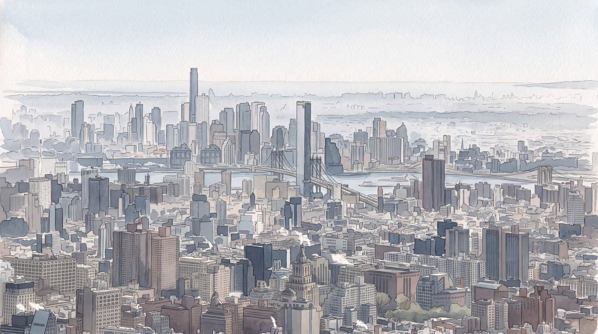 Aerial watercolour cityscape of Manhattan Bridge and Lower Manhattan skyline, New York City