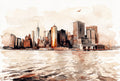 NYC Downtown waterfront skyline watercolour by Daz James Photography