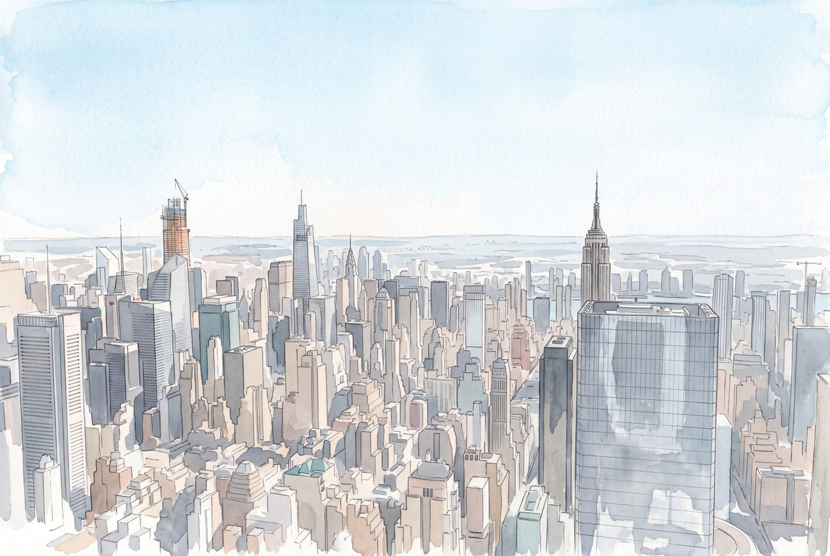 Watercolour art print of the Midtown Manhattan skyline viewed from The Edge, featuring the Empire State Building