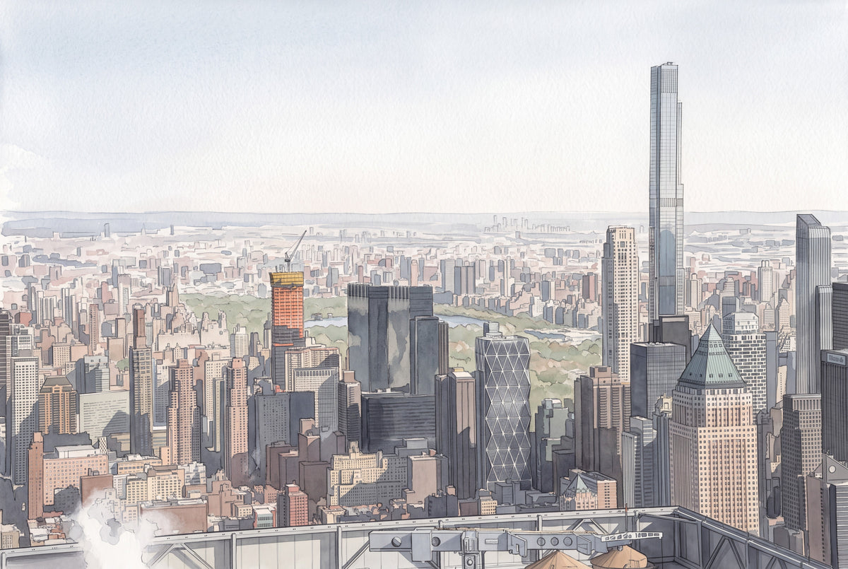 Watercolour art print of Central Park and Midtown Manhattan skyline, featuring 111 W57th Street and Hearst Tower