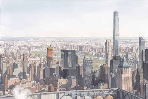 Watercolour art print of Central Park and Midtown Manhattan skyline, featuring 111 W57th Street and Hearst Tower