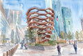 Watercolour illustration of The Vessel at Hudson Yards, New York City