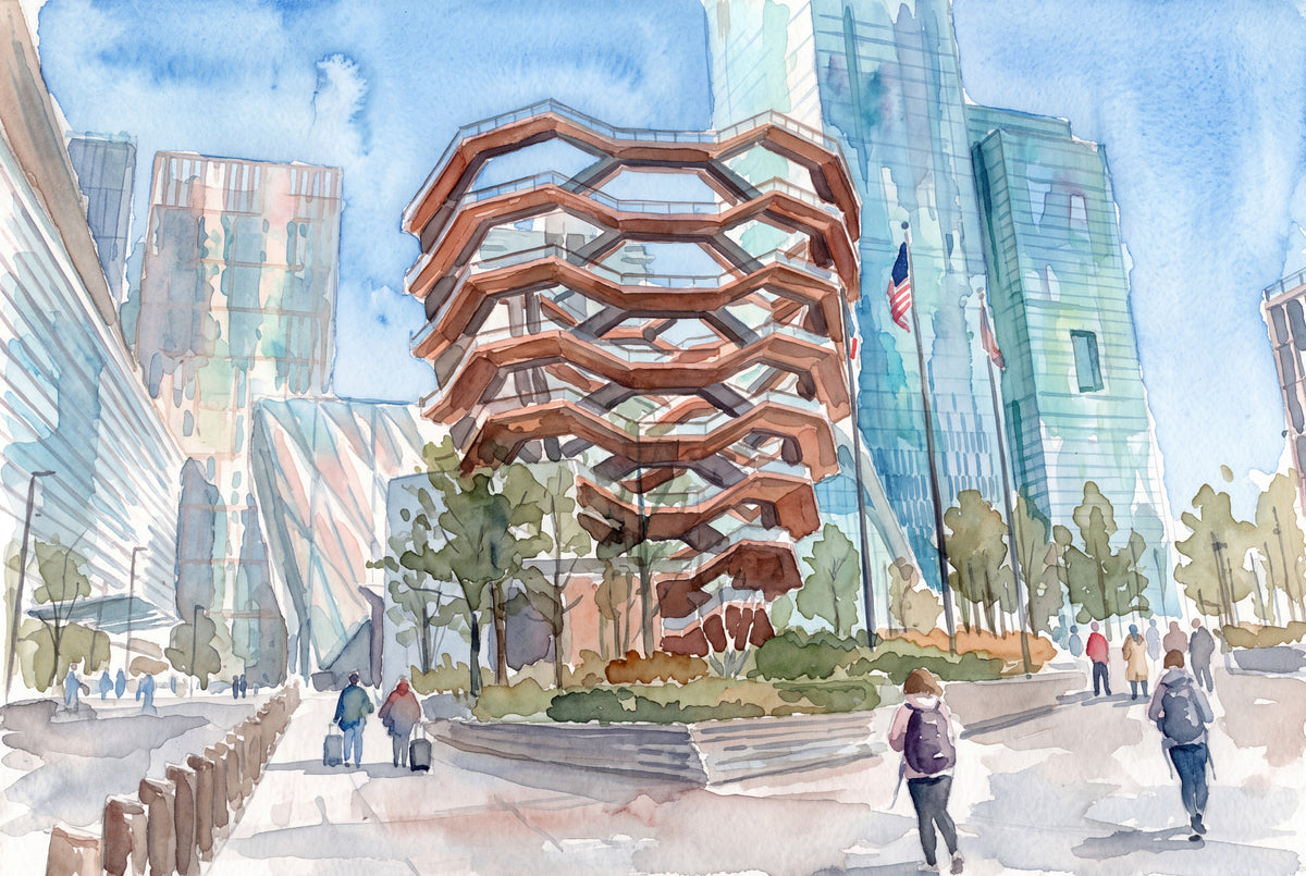 Watercolour illustration of The Vessel at Hudson Yards, New York City