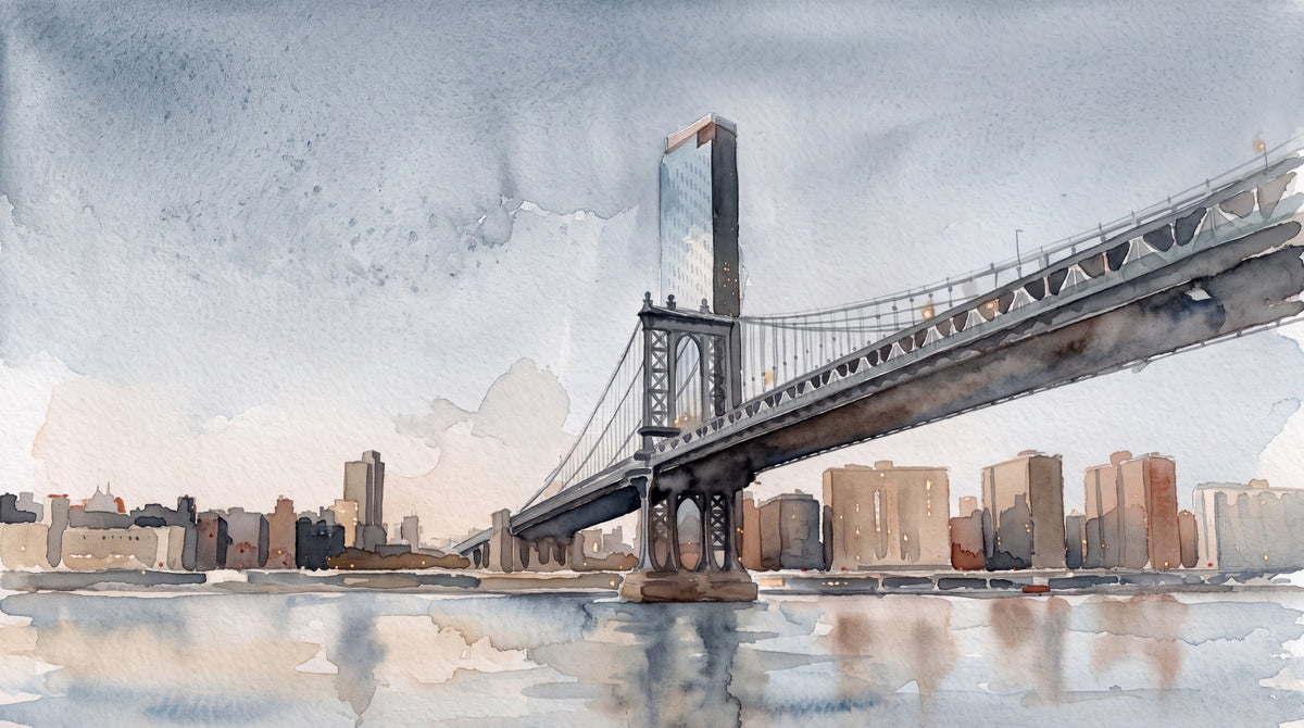Manhattan Bridge at dusk watercolour fine art print over the East River, New York City