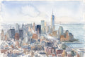 Lower Manhattan skyline watercolour aerial view with One World Trade Center