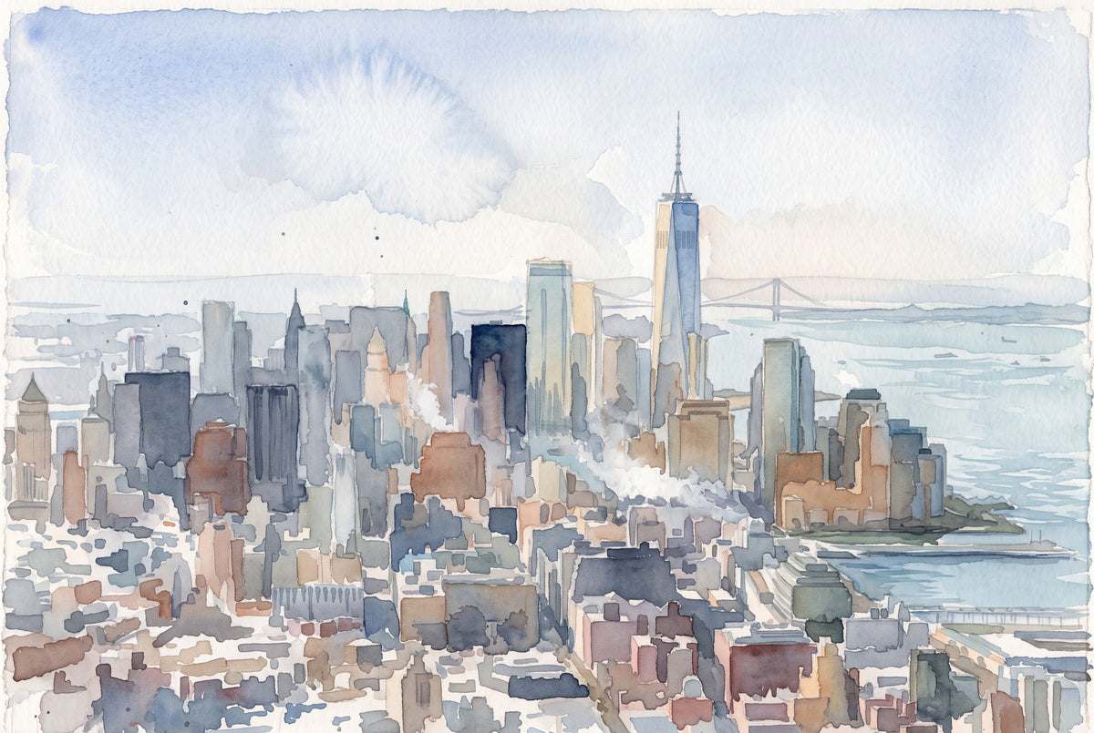Lower Manhattan skyline watercolour aerial view with One World Trade Center